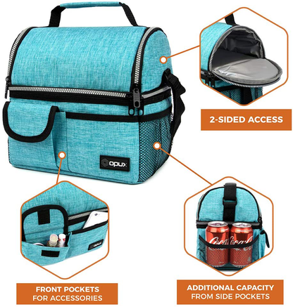 Rynx | Opux Insulated Double Layer Lunch Box For Men, Women | Double Layer Reusable Lunch Box Cooler Bag With Shoulder Strap, Soft Leakproof Liner | Large Lunch Box Tote For Work, School (Green)