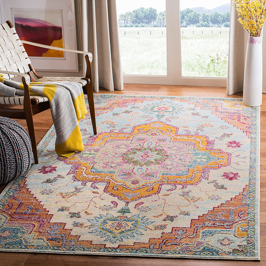 Rynx | Safavieh Crystal Collection Crs501b Boho Chic Oriental Medallion Worn Non-Shedding Stain Resistant Living Room Bedroom Area Rug, 4' X 4' Square, Light Blue / Fuchsia