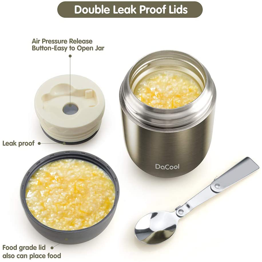 Rynx | Dacool Warm Food Jar Insulated Lunch Box Container Vacuum Stainless Steel 16 Ounce Kids Adult Bento Box For Hot Food With Spoon Leak Proof For School Office Picnic Travel Outdoor, BPA Free - Gray