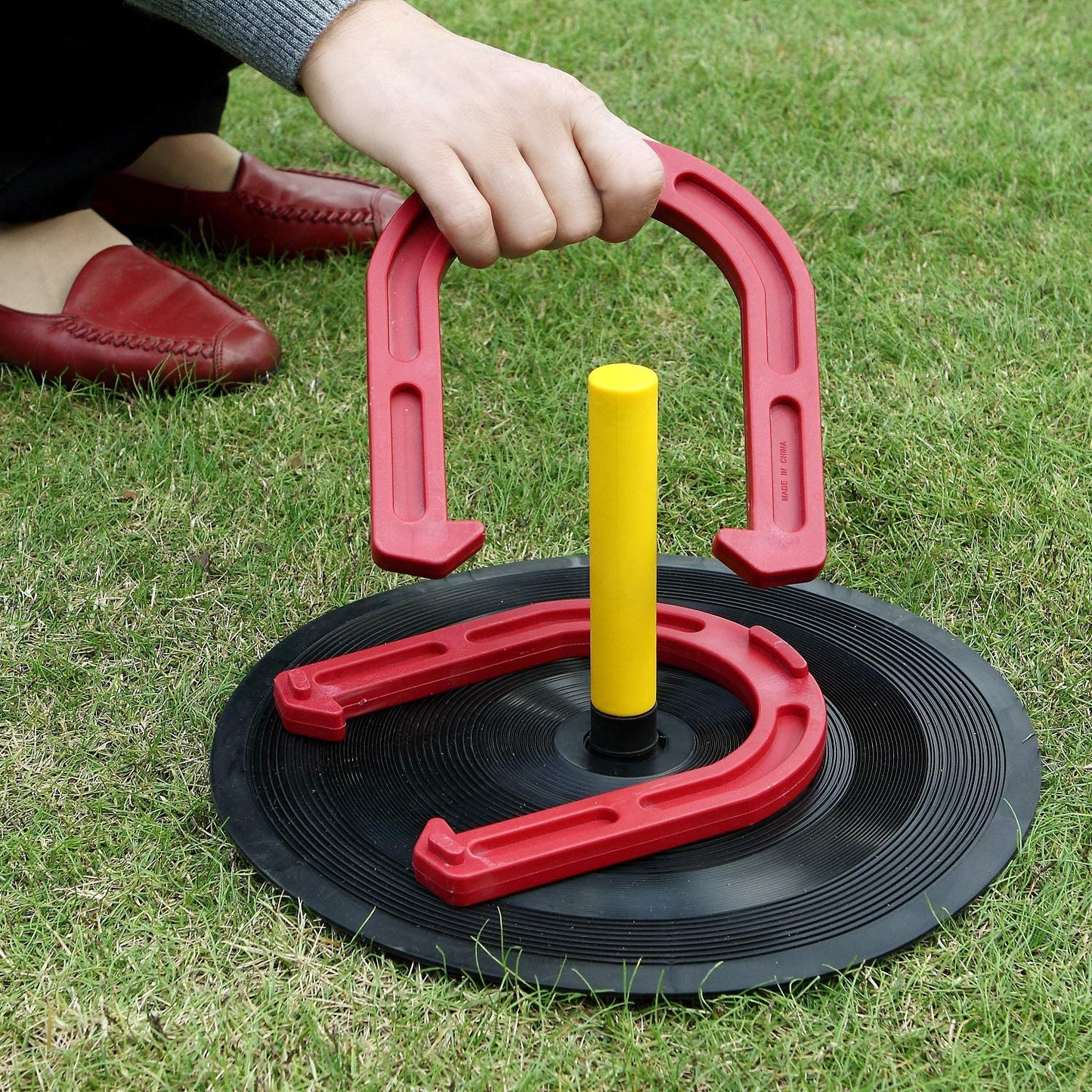 Rynx | Win SPORTS Outdoor Indoor Rubber Horseshoes Set Includes 4 Horseshoes, 2 Pegs, 2 Rubber Mats, 2 Red Plastic dowels, Beach Games Perfect for Tailgating, Camping, Backyard, Fun for Kids Adults