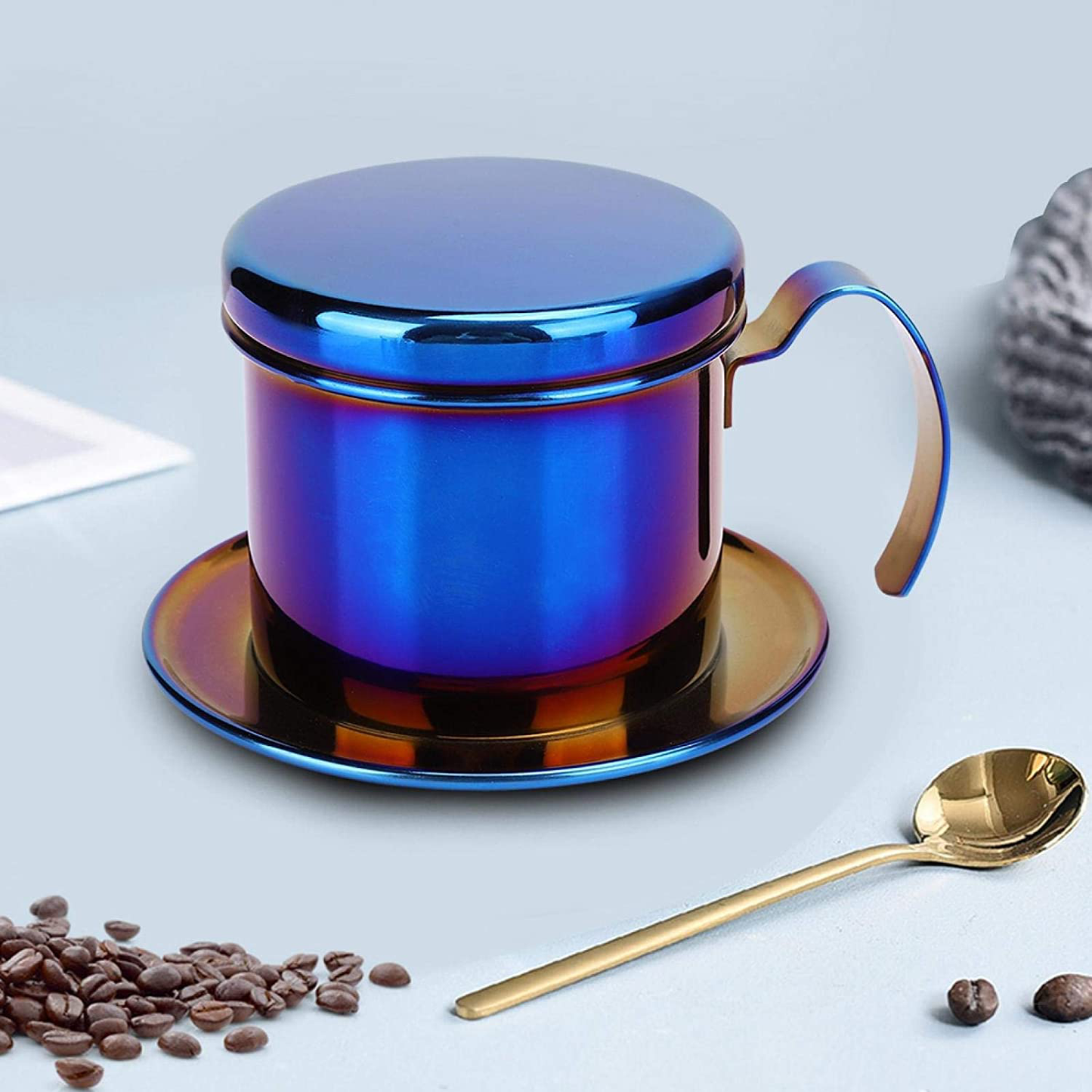 Rynx | Coffee Drip Filter Pot Stainless Steel Vietnamese Style Coffee Maker Pot Coffee Drip Brewer for Home Kitchen Office Outdoor (blue)