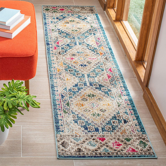 Rynx | Safavieh Madison Collection MAD418N Boho Diamond Distressed Non-Shedding Stain Resistance Living Room Bedroom Runner, 2'2" x 10', Dark Blue / Yellow