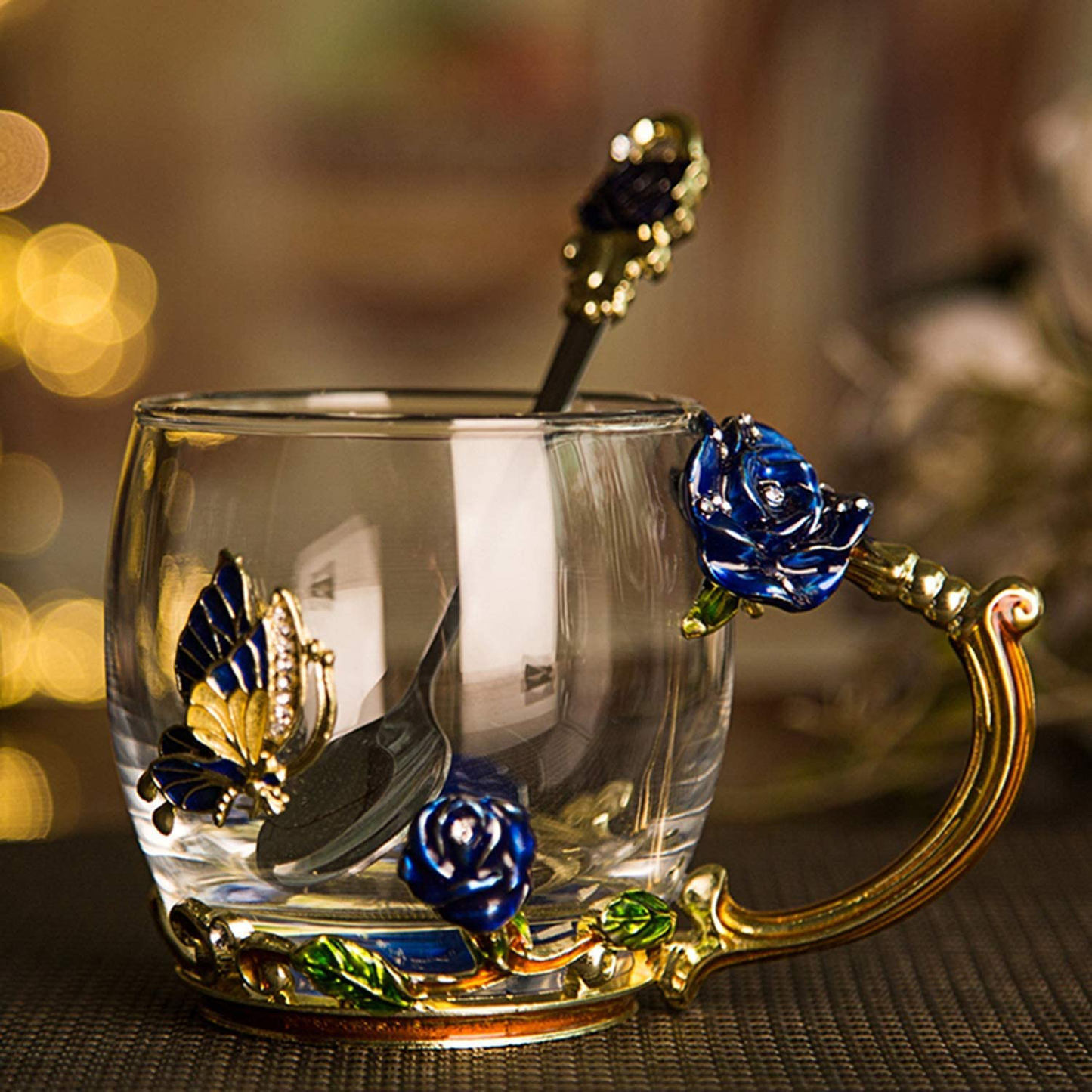 Rynx | Luka Tech Enamel Butterfly Flower Lead-free Glass Coffee Cups Tea Cup with Steel Spoon, Personal Gifts for Women Wife Mom Girl Teacher Friends Birthday Mother's Valentine's Day Wedding (Pink)