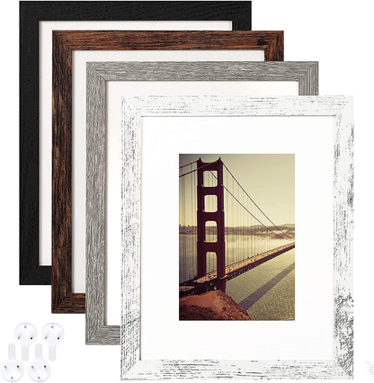 Rynx | 8x10 Picture Frame Worn Farmhouse Wood Pattern Set of 4 with Tempered Glass, Display Photos 5x7 with Mat or 8x10 without Mat, Horizontal and Vertical Formats for Wall and Table Mounting