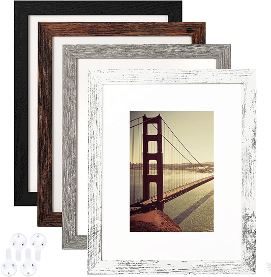 Rynx | 8x10 Picture Frame Worn Farmhouse Wood Pattern Set of 4 with Tempered Glass, Display Photos 5x7 with Mat or 8x10 without Mat, Horizontal and Vertical Formats for Wall and Table Mounting
