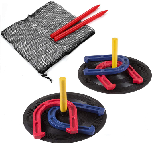 Rynx | Win SPORTS Outdoor Indoor Rubber Horseshoes Set Includes 4 Horseshoes, 2 Pegs, 2 Rubber Mats, 2 Red Plastic dowels, Beach Games Perfect for Tailgating, Camping, Backyard, Fun for Kids Adults