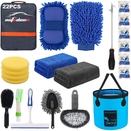 Rynx | AUTODECO 22Pcs Car Wash Cleaning Tools Set Car Detailing Set with Blue Leather Bag Collapsible Bucket Washing Mitt Sponge Towels Tire Brush Window Scraper Dust Mop Complete Interior Car Care Set