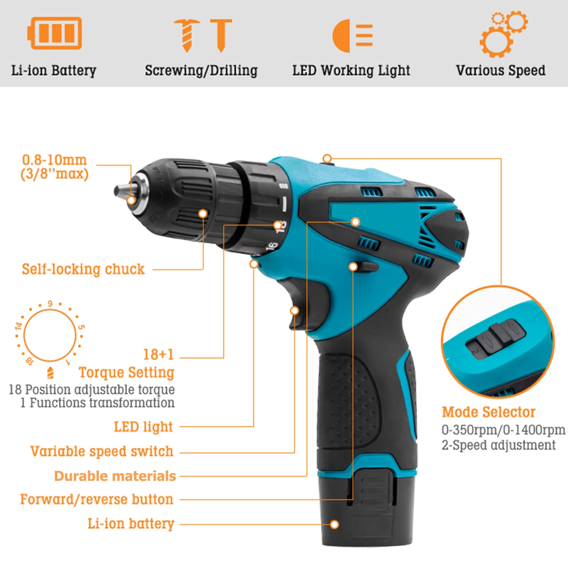 Rynx | 12V Wireless Drill with 42 Accessories with 3/8" Tool-less Chuck, 2 Speeds, 18+1 Positions, Built-in LED