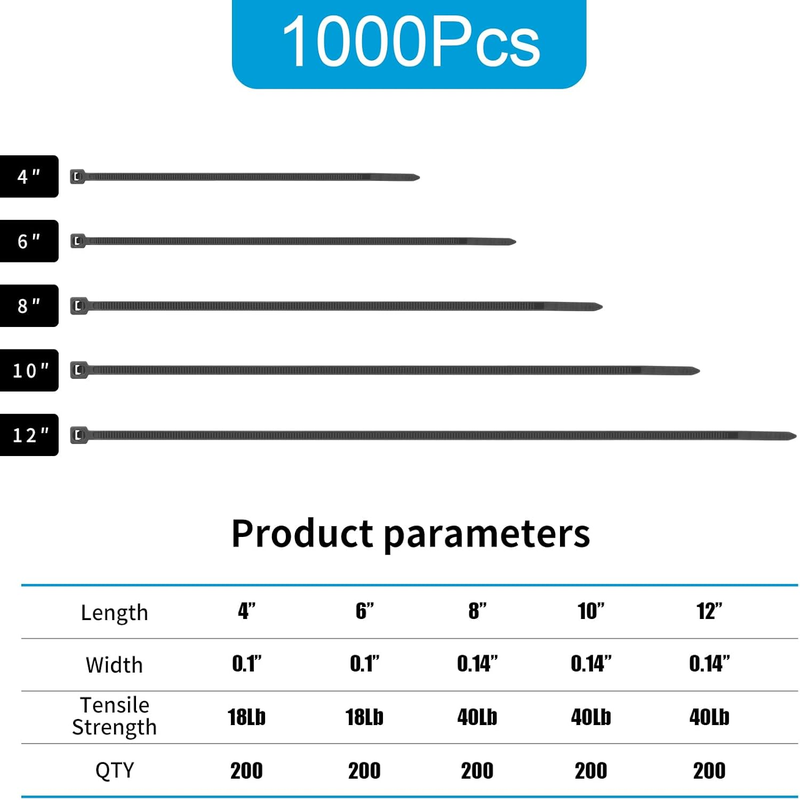 Rynx | 1000 PCS Self-Binding Heavy Duty Cable Zip Ties - 4+6+8+10+12 Inches