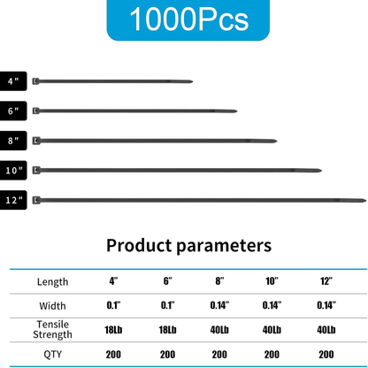 Rynx | 1000 PCS Self-Binding Heavy Duty Cable Zip Ties - 4+6+8+10+12 Inches