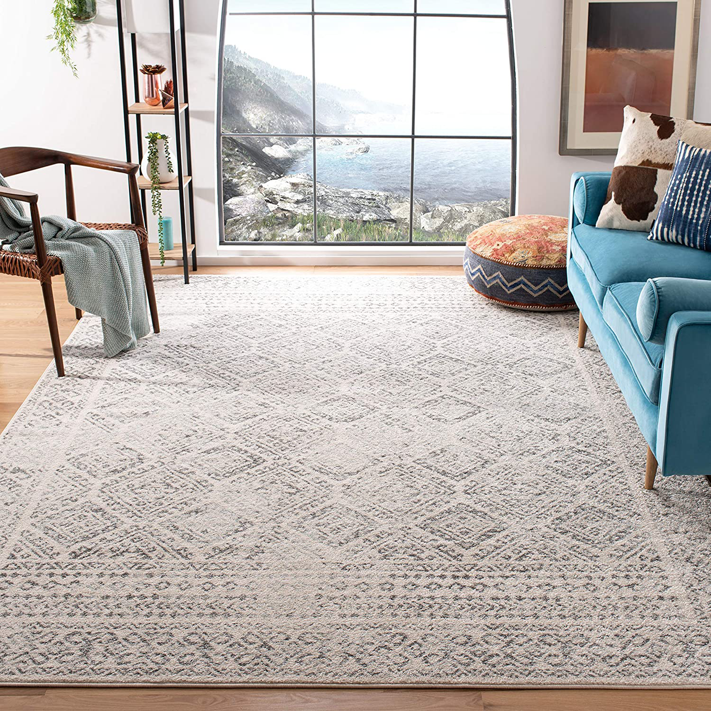 Rynx | Safavieh Tulum Collection Tul264a Moroccan Boho Distressed Non-Shedding Living Room Bedroom Dining Area Office Area Rug, 5'3" X 7'6", Ivory / Grey