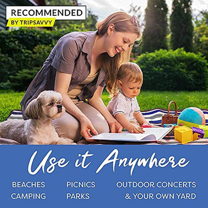Rynx | Extra Large Picnic Blanket Double Layer for Outdoor Waterproof Practical Mat Tote Our Summer Blue and White Striped for the Beach, Camping on Grass