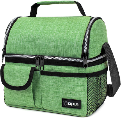 Rynx | Opux Insulated Double Layer Lunch Box For Men, Women | Double Layer Reusable Lunch Box Cooler Bag With Shoulder Strap, Soft Leakproof Liner | Large Lunch Box Tote For Work, School (Green)