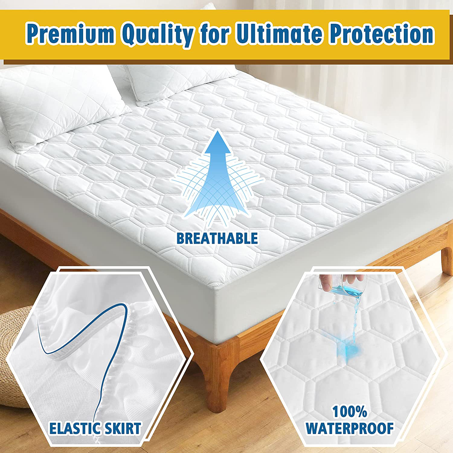 Rynx | Waterproof mattress protector for double bed, breathable mattress protector with 6-16 inch deep pocket, quilted alternative hollow cotton filling mattress cover, white
