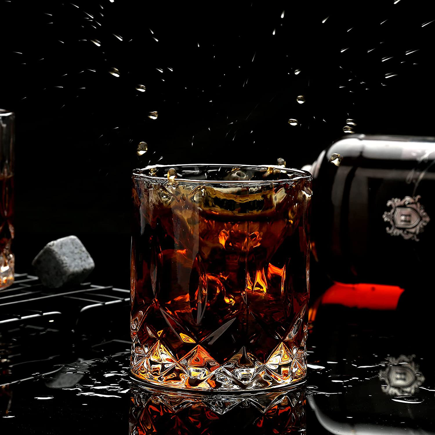 Rynx | Whiskey Stones Gift Set - Whiskey Glass Set of 2 - Granite Cooling Whiskey Stones - Scotch Bourbon Whiskey Glass Gift Box Set - Best Drinking Gifts for Men Dad Husband Birthday Party Holiday Gift