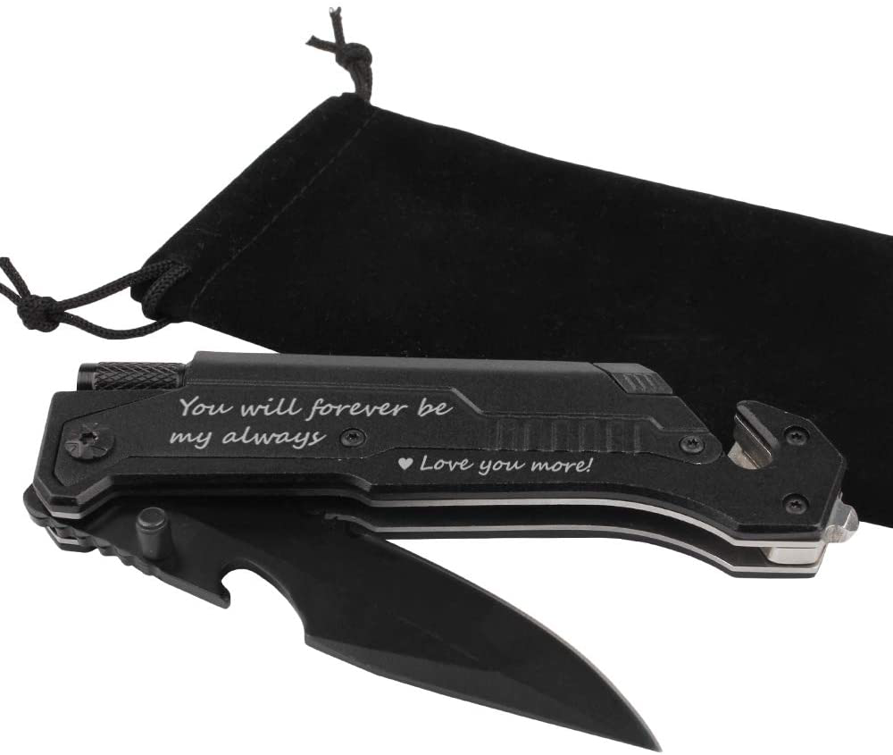 Rynx | Spouse birthday gift, pocket knife with 6 functions, LED light, fire starter, bottle opener, seat belt cutter, glass breaker, anniversary gift for men, boyfriend, Father's Day