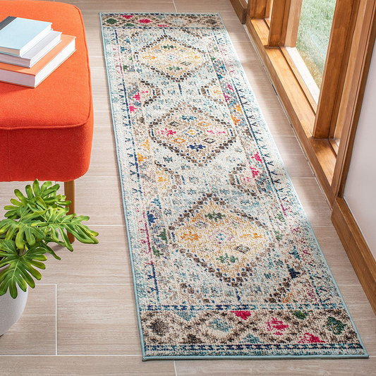 Rynx | Safavieh Madison Collection MAD418K Boho Diamond Distressed Non-Shedding Stain Resistant Living Room Bedroom Runner, 2'2" x 6', Blue / Yellow