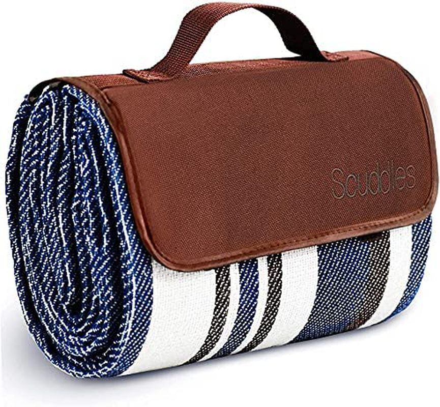 Rynx | Extra Large Picnic Blanket Double Layer for Outdoor Waterproof Practical Mat Tote Our Summer Blue and White Striped for the Beach, Camping on Grass