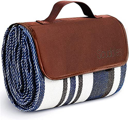 Rynx | Extra Large Picnic Blanket Double Layer for Outdoor Waterproof Practical Mat Tote Our Summer Blue and White Striped for the Beach, Camping on Grass