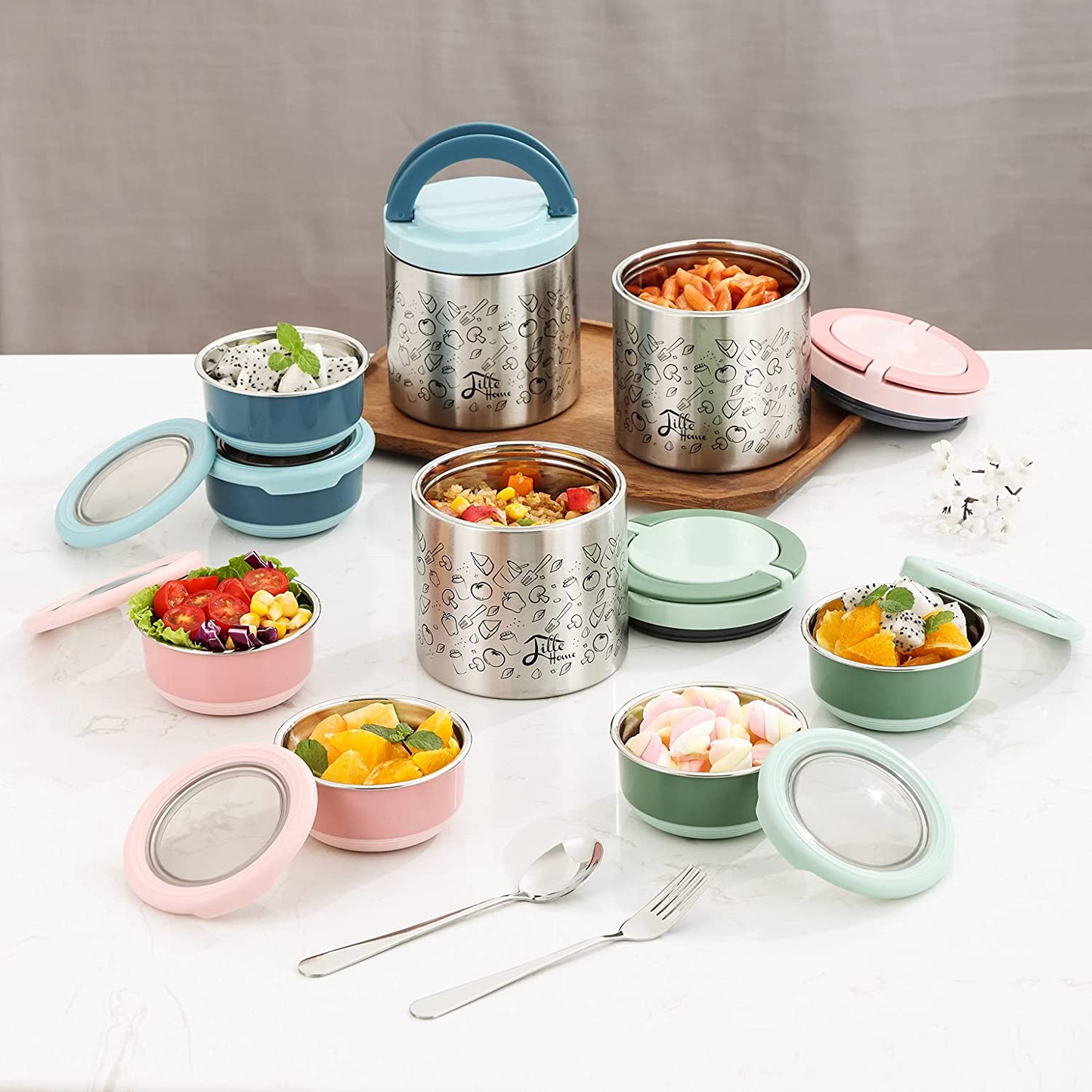 Rynx | Little Home Lunch Box Set, A Vacuum Insulated Bento/Food Box That Keeps Food Warm For 4-6 Hours, Two Steel Food Containers, A Lunch Bag, A Portable Cutlery Set (Green)