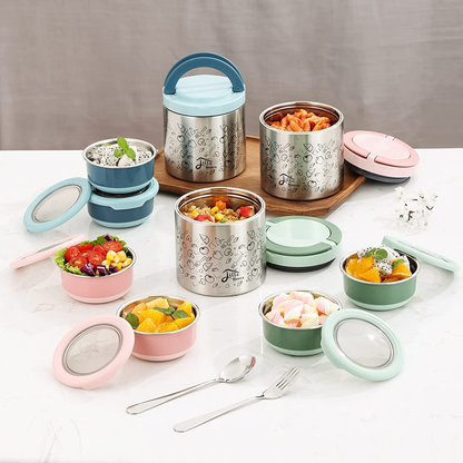 Rynx | Little Home Lunch Box Set, A Vacuum Insulated Bento/Food Box That Keeps Food Warm For 4-6 Hours, Two Steel Food Containers, A Lunch Bag, A Portable Cutlery Set (Green)