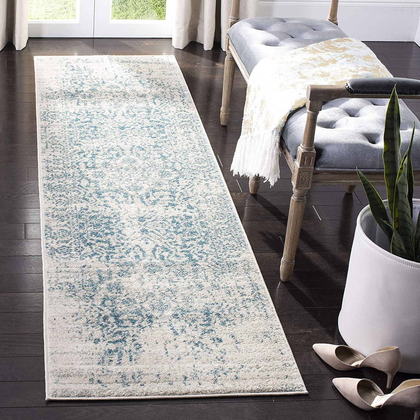 Rynx | Safavieh Madison Collection MAD603J Oriental Snowflake Medallion Worn Non-Shedding Stain Resistant Living Room Bedroom Runner, 2'3" x 16', Teal / Ivory