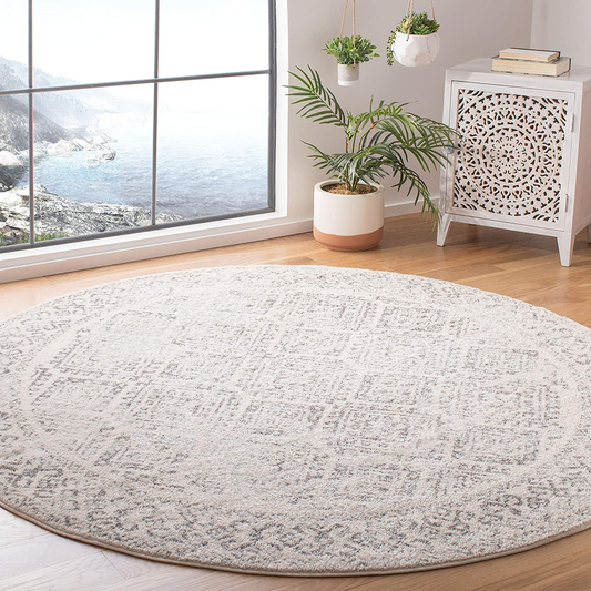 Rynx | Safavieh Tulum Collection TUL264A Moroccan Boho Distressed Non-Shedding Stain Resistant Living Room Bedroom Area Rug, 3' x 3' Round, Ivory / Gray