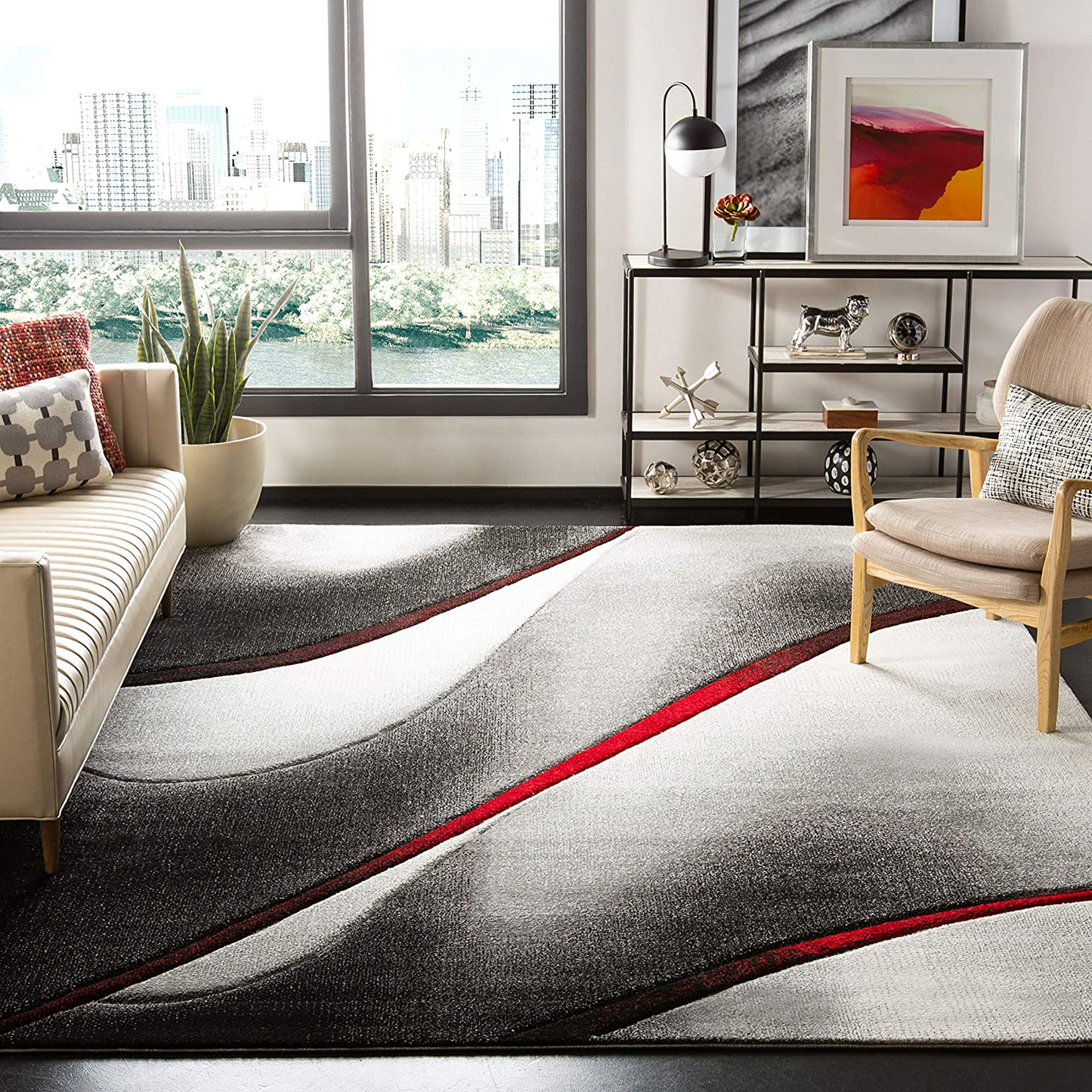 Rynx | Safavieh Hollywood Collection Hlw712f Mid-Century Modern Non-Shedding Stain Resistant Living Room Bedroom Area Rug, 4' X 4' Square, Gray / Blue