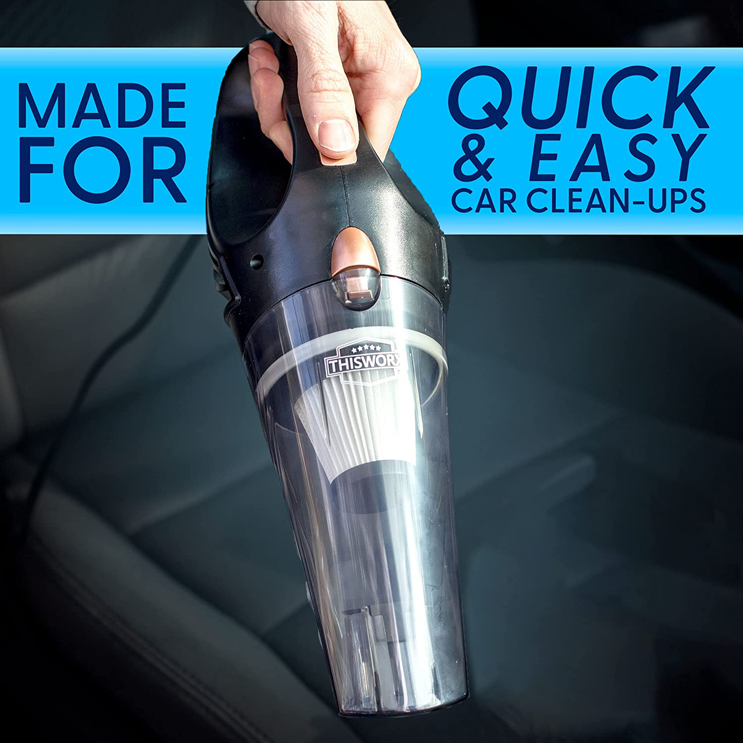 Rynx | Thisworx Car Vacuum Cleaner - Portable, high power, handheld vacuums with 3 attachments, 16 ft cord and bag - 12v, car accessory kit for interior detailing - Black