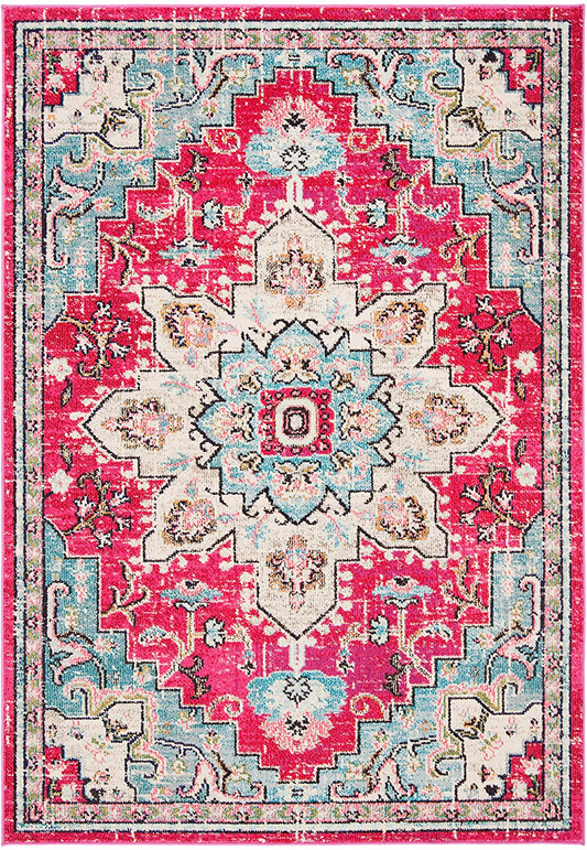Rynx | Safavieh Madison Collection Mad473a Boho Chic Medallion Distressed Non-Shedding Stain Resistant Living Room Bedroom Accent Rug, 2'2" X 4', Fuchsia / Blue