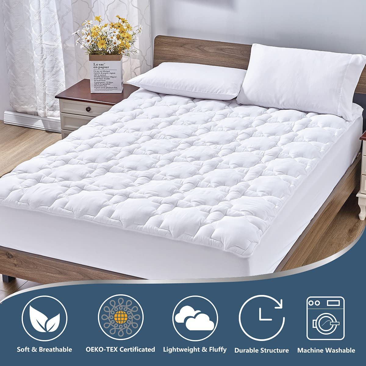 Rynx | CozyLux California King Mattress Protector Deep Pocket Non-Slip Cotton Mattress Toppers Breathable and Soft Quilted Fitted Mattress Cover Up to 18" Thick Pad Top 450GSM Bed Mattress Protector White