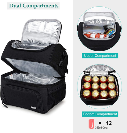 Rynx | Mier Dual Compartment Lunch Bag Tote with Shoulder Strap for Men and Women Insulated Leak-Proof Cooler Bag, Black