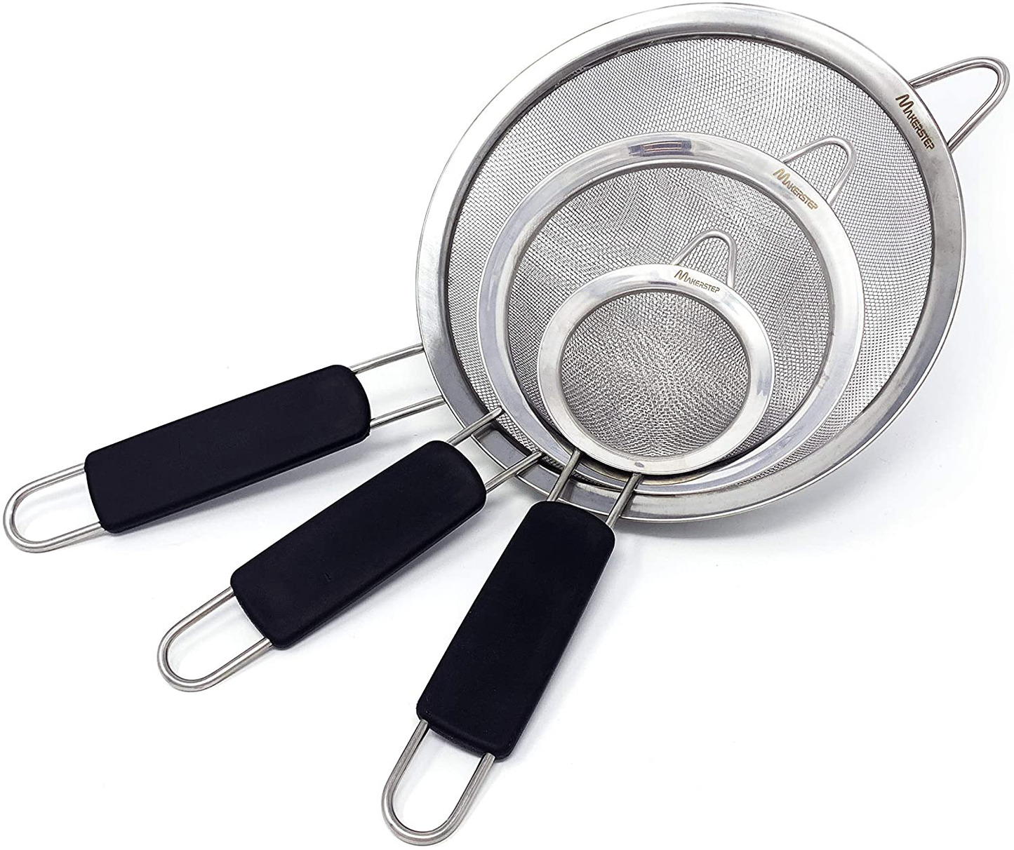 Rynx | Makerstep Set of 3 Stainless Steel Fine Mesh Strainers. Graduated Sizes 3.38", 5.5", 7.87" Strainer Wire Sieve Sifter with Insulated Handle for Kitchen Tools Gadgets