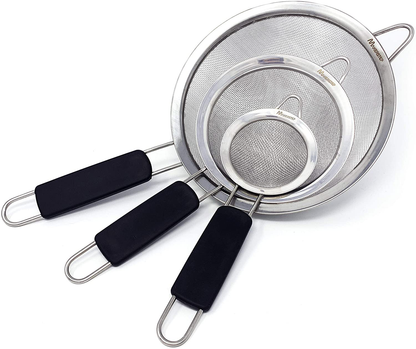 Rynx | Makerstep Set of 3 Stainless Steel Fine Mesh Strainers. Graduated Sizes 3.38", 5.5", 7.87" Strainer Wire Sieve Sifter with Insulated Handle for Kitchen Tools Gadgets