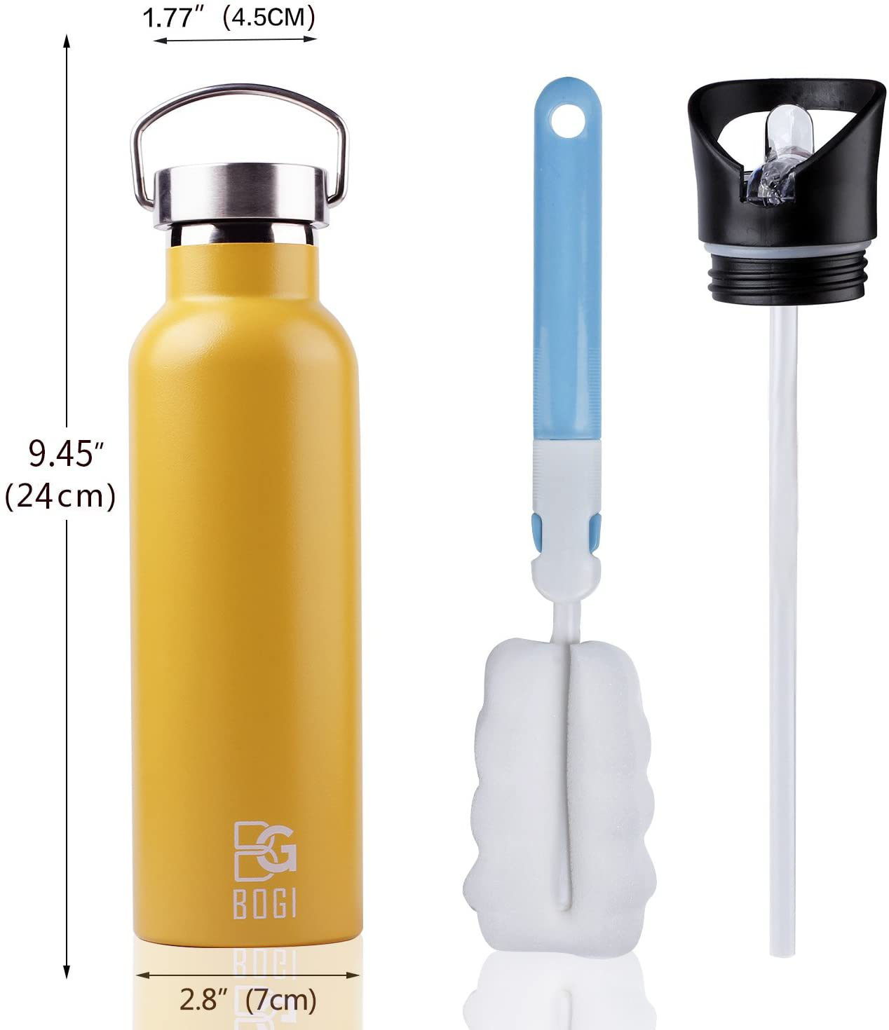Rynx | BOGI 20oz Double Wall Vacuum Insulated Stainless Steel Water Bottle - Scratch Resistant & Eco-Friendly for Outdoor Sports Yoga Camping + Straw Flip Lid, 2 Straws & Cleaning Brush
