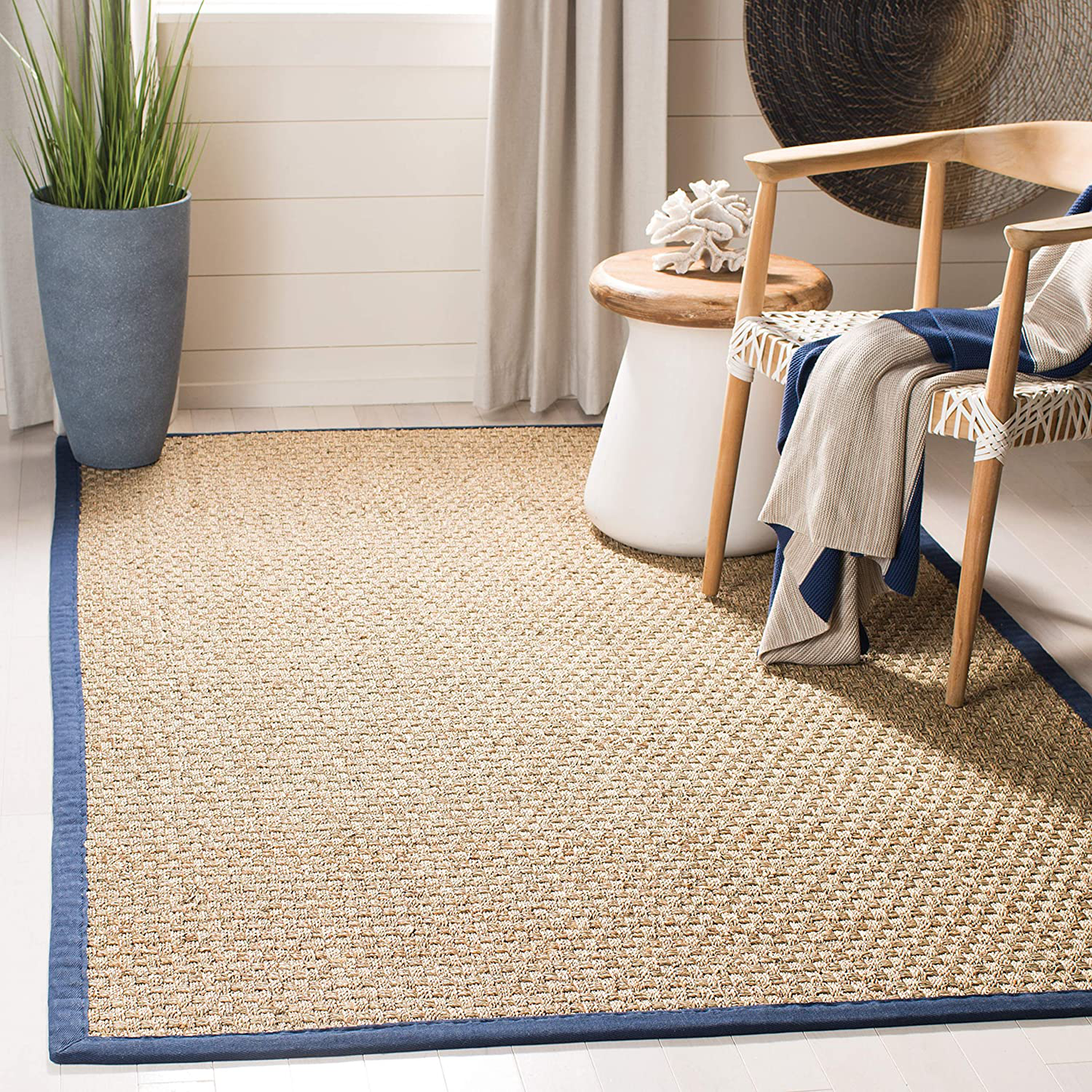 Rynx | Safavieh Natural Fiber Collection Nf114e Border Basketweave Seagrass Accent Rug, 2' X 3', Blue