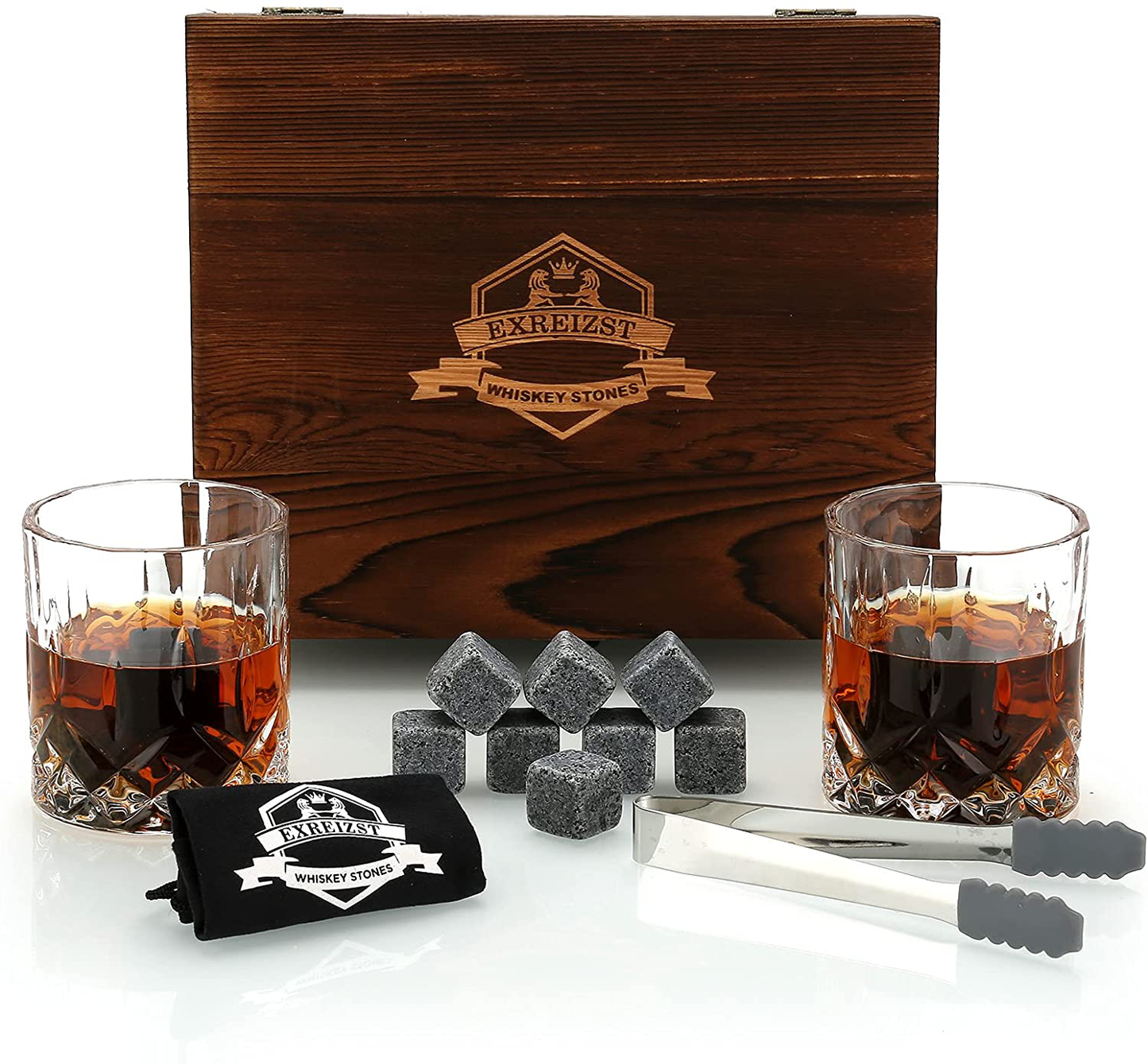 Rynx | Whiskey Stones Gift Set - Whiskey Glass Set of 2 - Granite Cooling Whiskey Stones - Scotch Bourbon Whiskey Glass Gift Box Set - Best Drinking Gifts for Men Dad Husband Birthday Party Holiday Gift