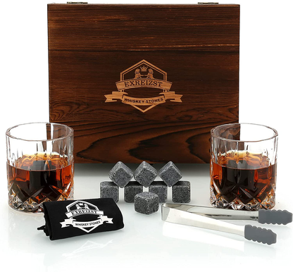 Rynx | Whiskey Stones Gift Set - Whiskey Glass Set of 2 - Granite Cooling Whiskey Stones - Scotch Bourbon Whiskey Glass Gift Box Set - Best Drinking Gifts for Men Dad Husband Birthday Party Holiday Gift