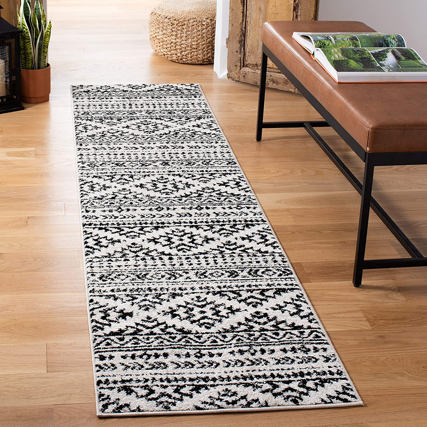 Rynx | Safavieh Tulum Collection TUL272B Moroccan Boho Tribal Non-Shedding Stain Resistant Living Room Bedroom Runner, 2' x 15', Ivory / Black