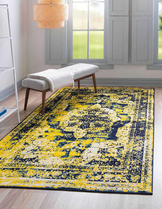 Rynx | Unique Loom Sofia Collection Area Traditional Vintage Rug, French Inspired Perfect for All Home Decor, 5' 0 x 8' 0 Rectangular, Navy/Yellow