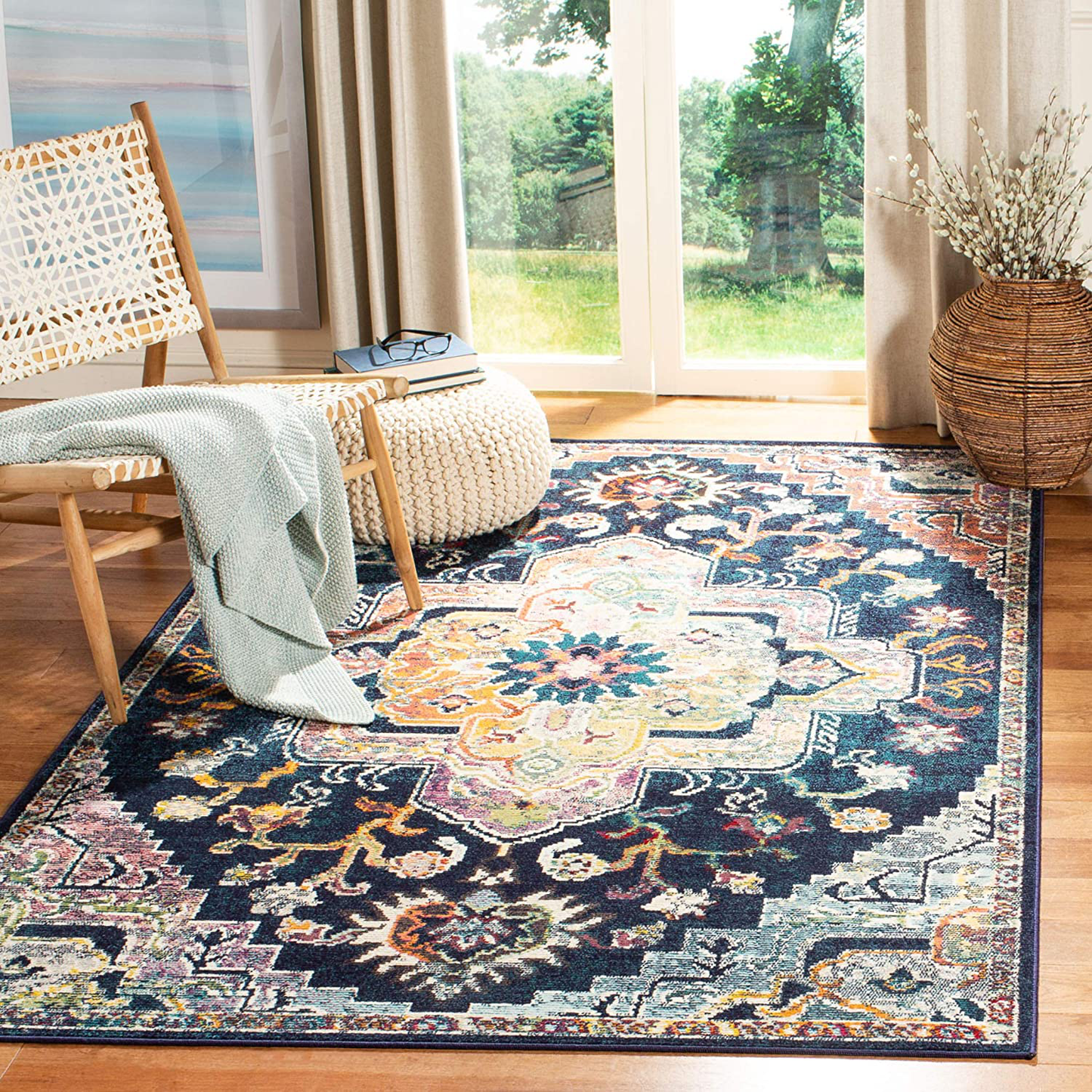 Rynx | Safavieh Crystal Collection Crs501h Boho Chic Oriental Medallion Distressed Non-Shedding Stain Resistant Living Room Bedroom Area Rug, 4' X 4' Square, Navy Blue / Fuchsia