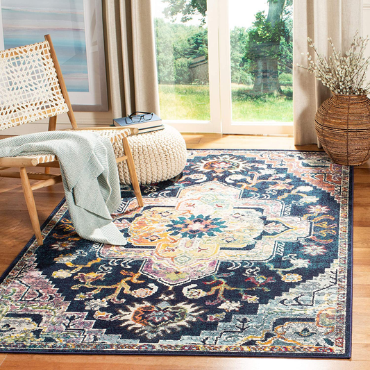 Rynx | Safavieh Crystal Collection Crs501h Boho Chic Oriental Medallion Distressed Non-Shedding Stain Resistant Living Room Bedroom Area Rug, 4' X 4' Square, Navy Blue / Fuchsia