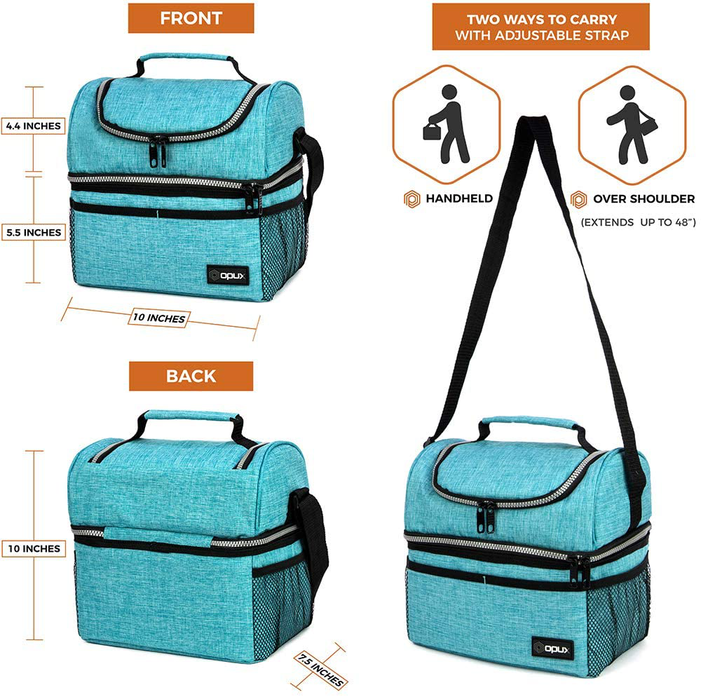 Rynx | Insulated Double-decker Lunch Box For Men, Women | Double Layer Reusable Cooler Lunch Box With Shoulder Strap, Leakproof Liner | Medium Lunch Box For School, Work, Office (Heather Gray)