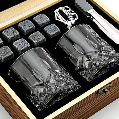 Rynx | Whiskey Stones Gift Set - Whiskey Glass Set of 2 - Granite Cooling Whiskey Stones - Scotch Bourbon Whiskey Glass Gift Box Set - Best Drinking Gifts for Men Dad Husband Birthday Party Holiday Gift