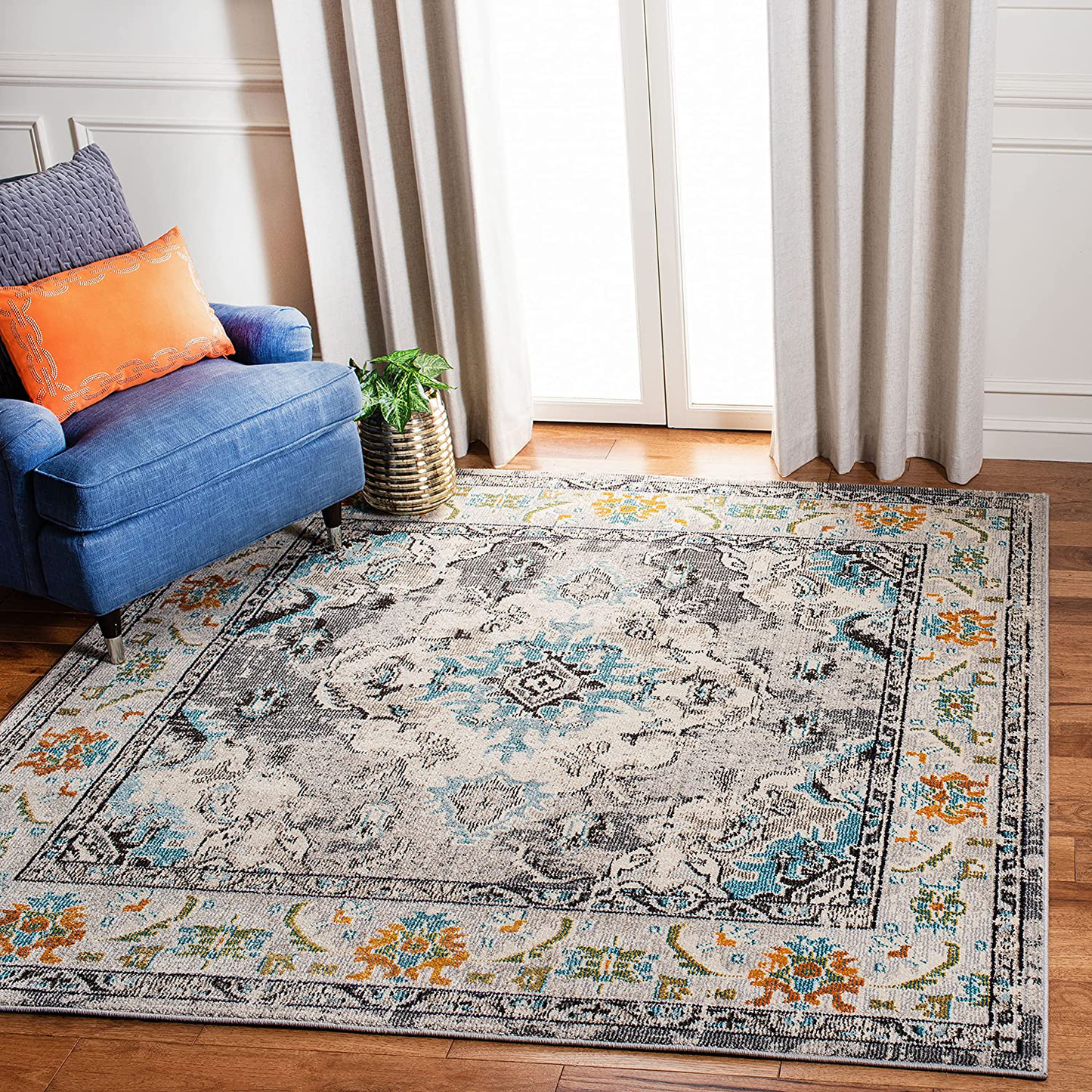 Rynx | Safavieh Monaco Collection MNC243G Boho Chic Medallion Distressed Non-Shedding Living Room Bedroom Area Rug, 5' x 5' Square, Gray / Light Blue