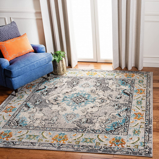 Rynx | Safavieh Monaco Collection MNC243G Boho Chic Medallion Distressed Non-Shedding Living Room Bedroom Area Rug, 5' x 5' Square, Gray / Light Blue