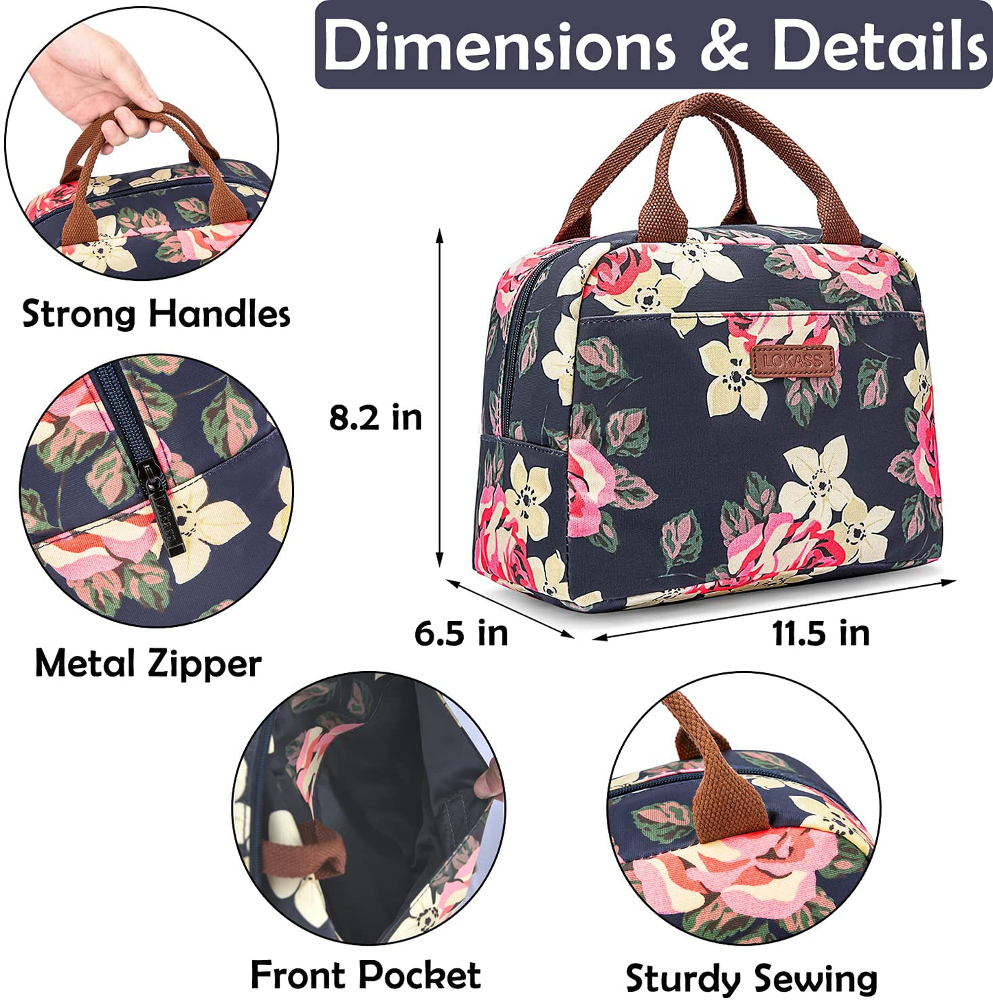 Rynx | Lokass Lunch Bag Cooler Bag Women's Tote Bag Insulated Lunch Box Water Resistant Thermal Lunch Bag Soft Lining Lunch Bags For Women / Picnic / Boating / Beach / Fishing / Work (Peony)