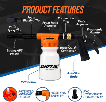Rynx | SwiftJet Car Wash Foam Cannon Sprayer with Microfiber Wash Mitt - Adjustable Water Pressure & Soap Ratio - Foam Cannon Attaches to Any Garden Hose (Foam Sprayer with Wash Mitt)