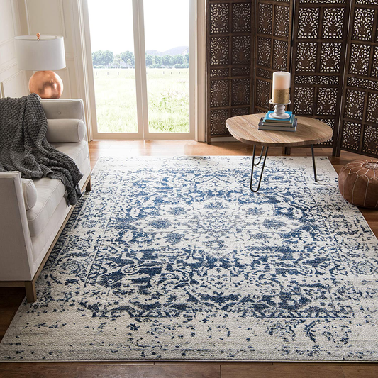 Rynx | Safavieh Madison Collection MAD603D Oriental Snowflake Medallion Distressed Non-Shedding Stain Resistant Living Room Bedroom Area Rug, 4' x 4' Square, Cream / Navy Blue