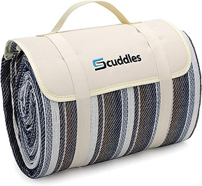Rynx | Extra Large Picnic Blanket Double Layer for Outdoor Waterproof Practical Mat Tote Our Summer Blue and White Striped for the Beach, Camping on Grass